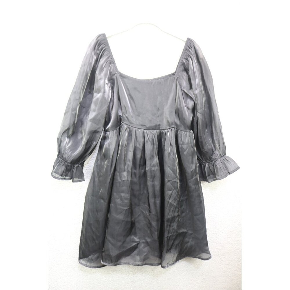 Entro 3/4 Sheer Balloon Sleeves Black Smocked Babydoll Dress-Large-Goth-Witchy